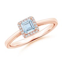 ANGARA Natural Classic Square Aquamarine Halo Ring in 14K Rose Gold for Women (Size-4mm) | March Birthstone, Birthday, Anniversary, Jewelry Gift for Women | Natural Aquamarine Ring