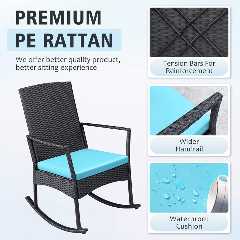 Devoko 3 Pieces Patio Rattan Rocking Chair Set with Cushion and Table Outdoor Porch and Garden Furniture Set, Blue
