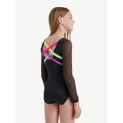 Justice Long Sleeve Embellished Foil Gymnastic Leotard for Girls with Scrunchie, Sizes XS-XL