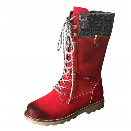 Women Leather Warm Snow Boots Combat Rain Shoes Winter Mid Calf Lace Up ...
