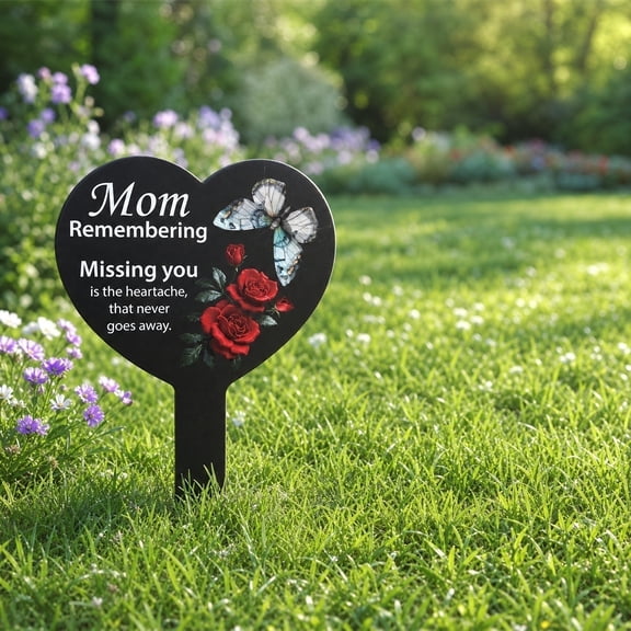 Metal Outdoor Decor, Grave Decorations, Sympathy Gifts for Loss of Mother, Grave Markers for Cemetery, 10X6 Inch Black Heart Metal Garden Stake Memorial Plaque with Rose and