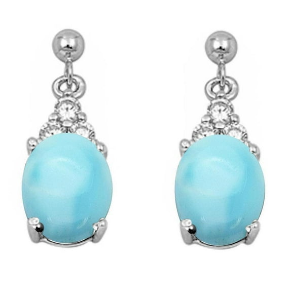 Oval Natural Larimar Cubic Zirconia Dangling Earrings Sterling Silver