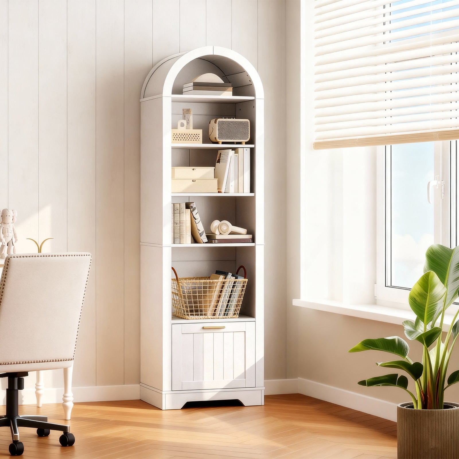 HOOBRO 6-Tier Arched Bookcase with File Drawer & Adjustable Shelves, White