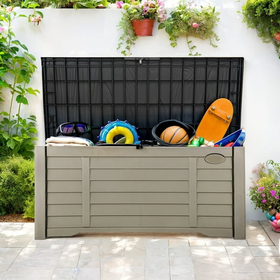 Uforic 120 Gallon Large Resin Deck Box, Outdoor Louvered Patio Storage Box, Waterproof, Lockable, Black & Brown