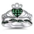 thumbnail image 5 of His Her Trio Wedding Ring Set 3 PCS Simulated Emerald Bridal Set Silver Black Titanium Men Women, 5 of 6