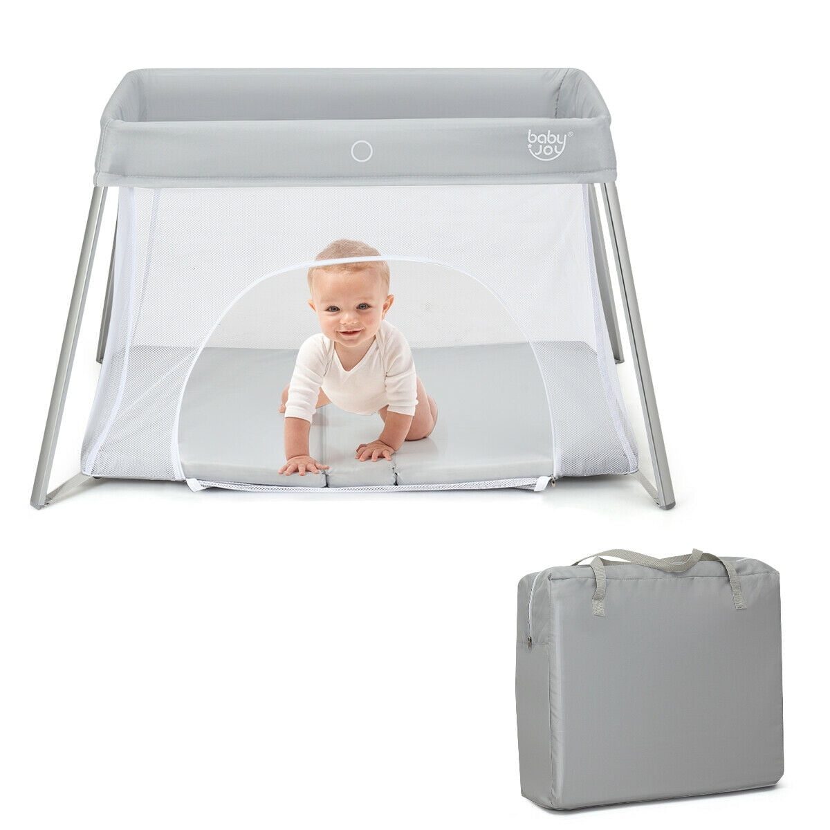 Gymax Gray Foldable Baby Playpen Playard Lightweight Crib w/ Carry Bag For Infant, Unisex