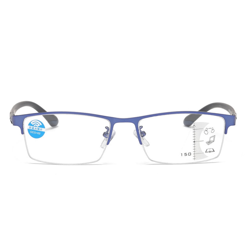 Men Blue Frame Progressive Reading Glasses 4.00, Metal Rectangle Half Rimless Business Multifocus Readers +4.00 Strength (Not Photochromic)