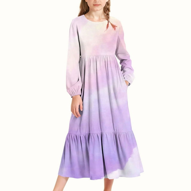 Vestido infantil de poliéster con estampado degradado, manga larga, cuello redondo, bolsillos laterales, falda larga para niña