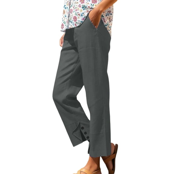 VEKDONE Cotton Straight Trousers for Women Elastic High Waisted Lounge Pants Casual Lightweight Comfy Button Split Long Pants with Pockets Gray XL
