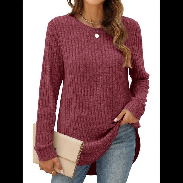 Suéteres de Moda para Mujer, Tops de Larga, Ropa de Otoño, Camisetas y Blusas de Moda. Vino Tinto L