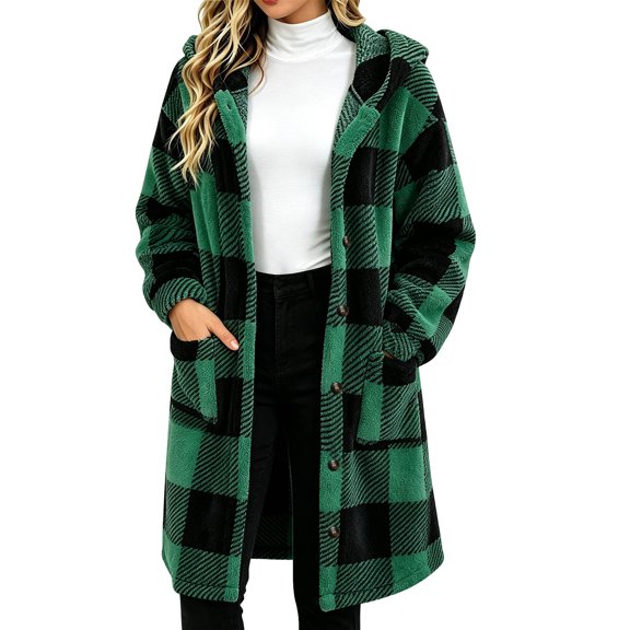 QQZ Plaid Fuzzy Fleece Hooded Coat For Women, Mid Length Button Front Long Sleeve Jacket, Womens Warm Casual Outerwear With Big Pockets For Fall Winter Home And Daily Wear