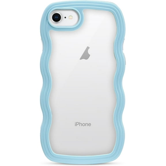 for iPhone SE/7/8 Case 4.7", Cute Kawaii Curly Wave Frame Shape Design, Soft TPU Hard PC Shockproof Protective Bling Phone Cover for Women Girls, Clear-Blue