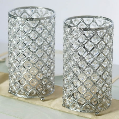 Pillar Candle Holder Centerpiece - Efavormart 2 Pack 9” Tall Metallic Crystal Beaded Pillar Candle Holder Wedding Centerpiece