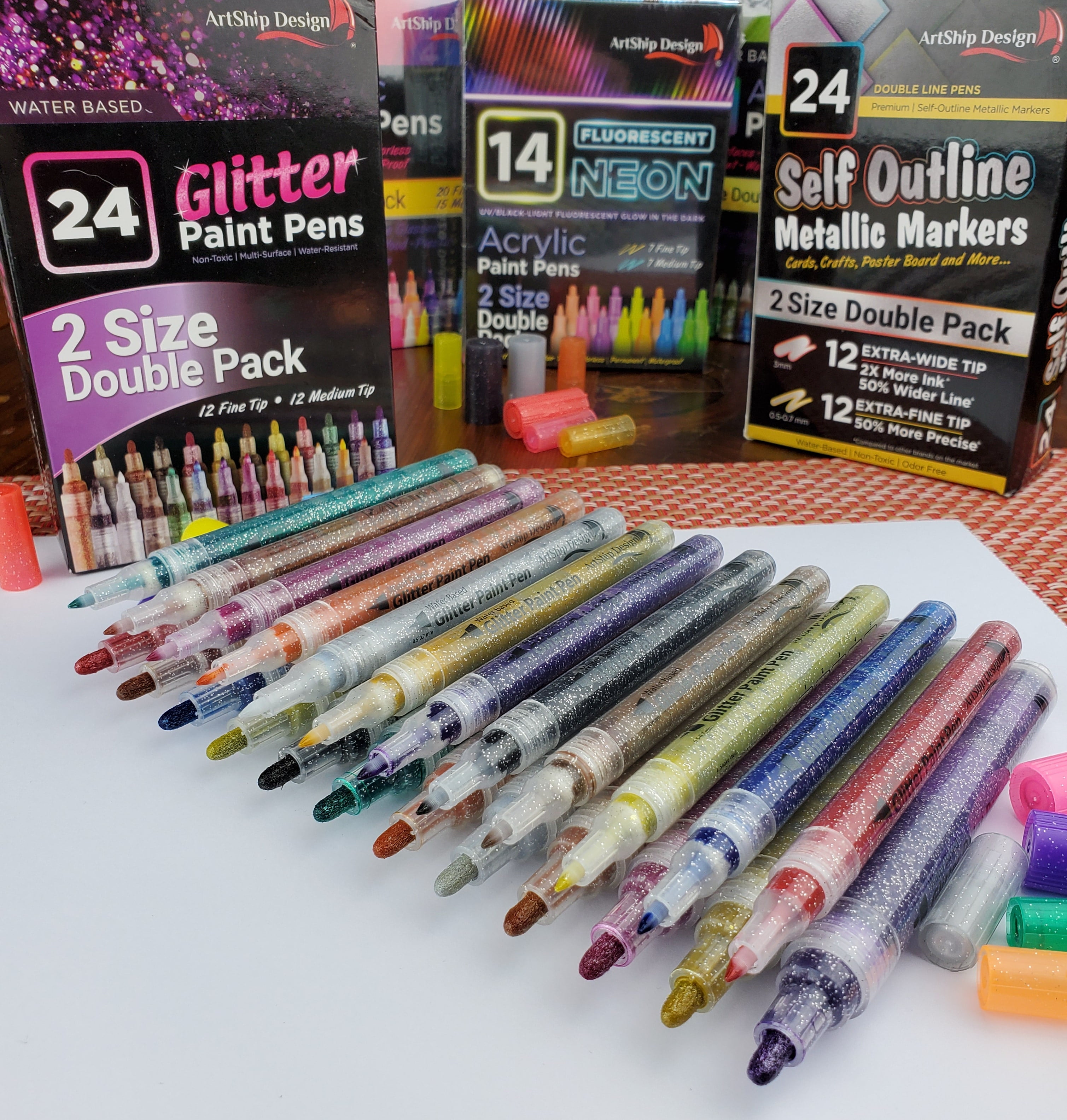 24 Glitter Paint Pens Double Pack - Extra Fine & Medium Tip - ArtShip  Design 