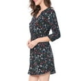 thumbnail image 5 of INSPIRE CHIC Women's V Neck Floral 3/4 Sleeves Side Pockets Button Dress M Dark Blue, 5 of 8