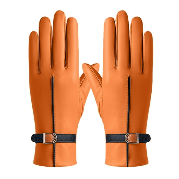 AWZXDE Ladies' 2024 Autumn and Winter Versatile Windproof Thick Leather Gloves for Cold Weather Orange,L