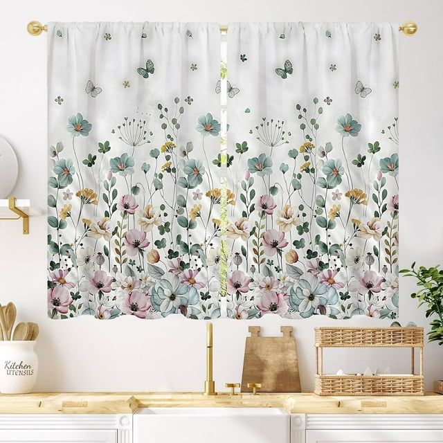 Watercolor Floral Kitchen Curtains 27.5W X 39L Inch 2 Panel Wildflower Spring Flower Small Short Cafe Tier Window Treatment Drapes Botanical Plant Leaves Pink Green for Bathroom Home Decor