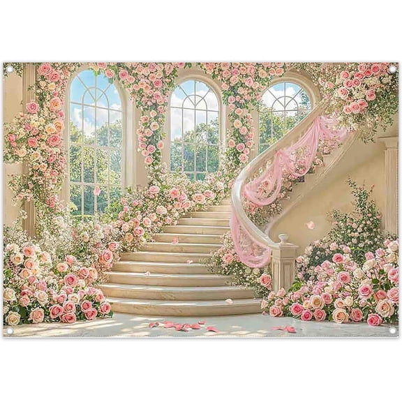 7x5FT Spring Floral Indoor Backdrop Pink Flowers Elegant Palace Window Staircase Scenery Photography Background for Girls Wedding Bridal Shower Party Decorations Banner Photo Props