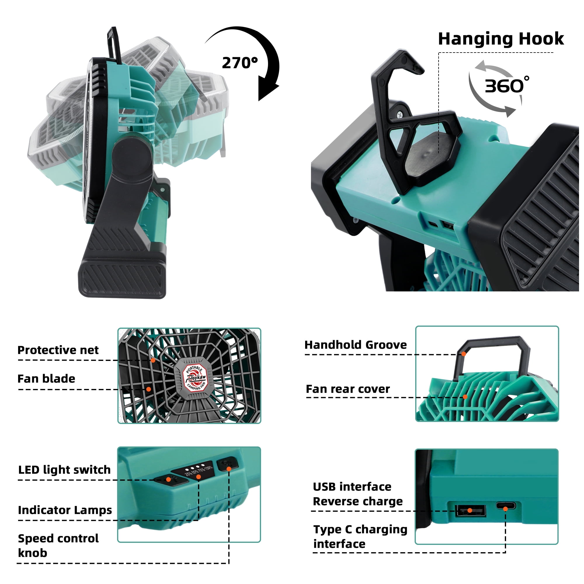 Roykaw Portable Fan for Travel, 10400 mAH Rechargeable Camping Fan, Cordless Battery Powered Fan with Led Light, Battery Fan with Handle, Hang Hook for Tent, Fishing, Hurricane Fan for Bedroom, Green