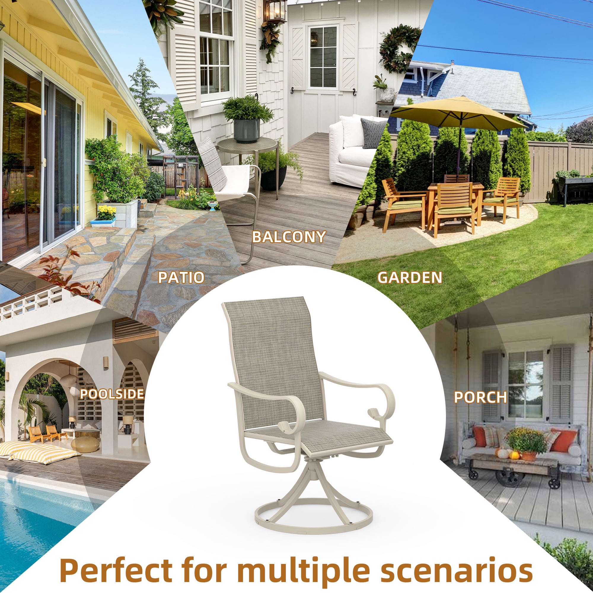 Zidtia Patio Swivel Rocker Chairs Set of 2, High Back Outdoor Dining Chairs with Sturdy Metal Frame, All-Weather Swivel Chairs,Sandshell