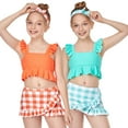 thumbnail image 5 of WOLLED 2-12 Years Baby Girls Split Ruffled Swimsuit Kids Toddler Summer Sleeveless Bathing Suit Plaid Bikini Swimwear 2PCS Sun Protection Tankini Bikini, 5 of 9