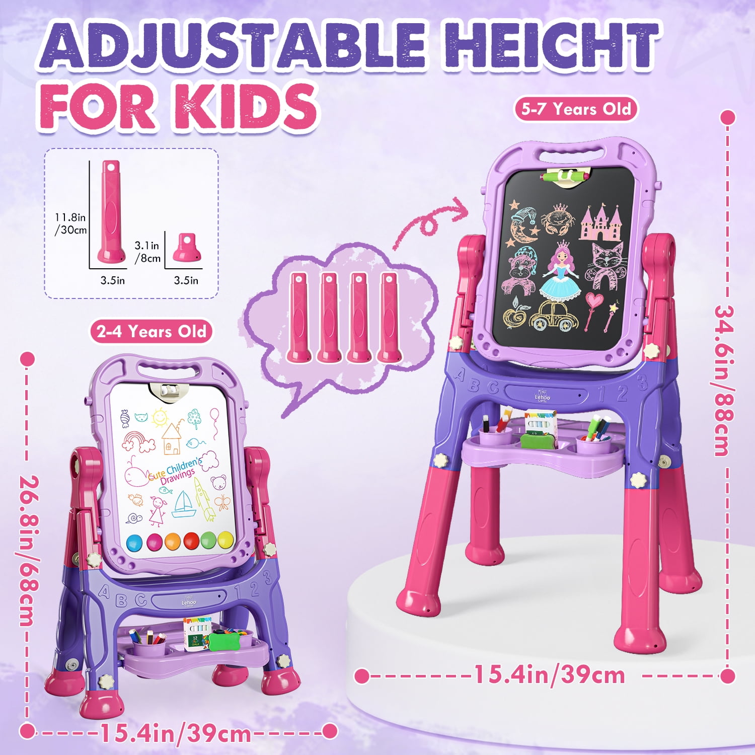 Easel for Kids, Kids Easel 4 in 1 Rotatable Double Sided Adjustable Standing Art Easel Drawing Board White Board Chalkboard for Toddlers Boys Girls with Painting Accessories - Purple