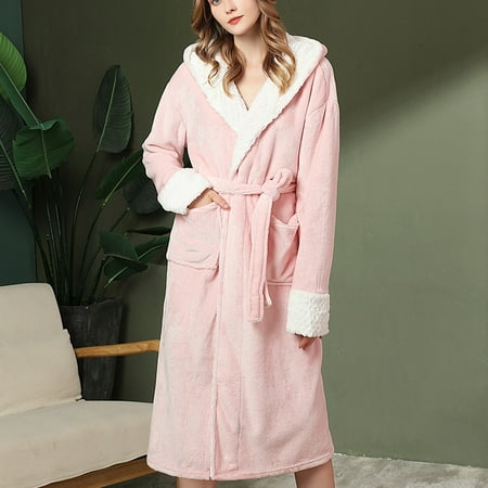 

SELONE Womens Long Fluffy Robe Shaggy Bathrobe Surplice Neck Sleepwear Long Sleeve Calf Length Nightwear Solid Loungewear Hooded Homewear