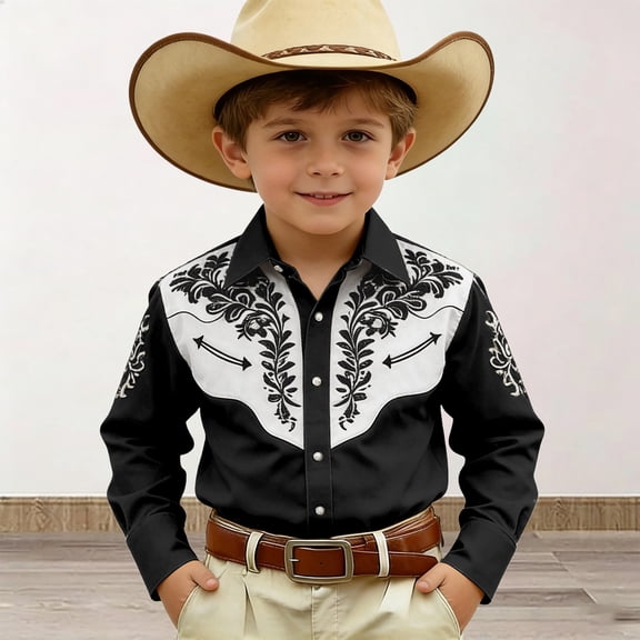 Boys Tshirts Boys Western Cowboy Print Long Sleeve Button Down Casual Shirt Girls' Tops Black 4-5 Years