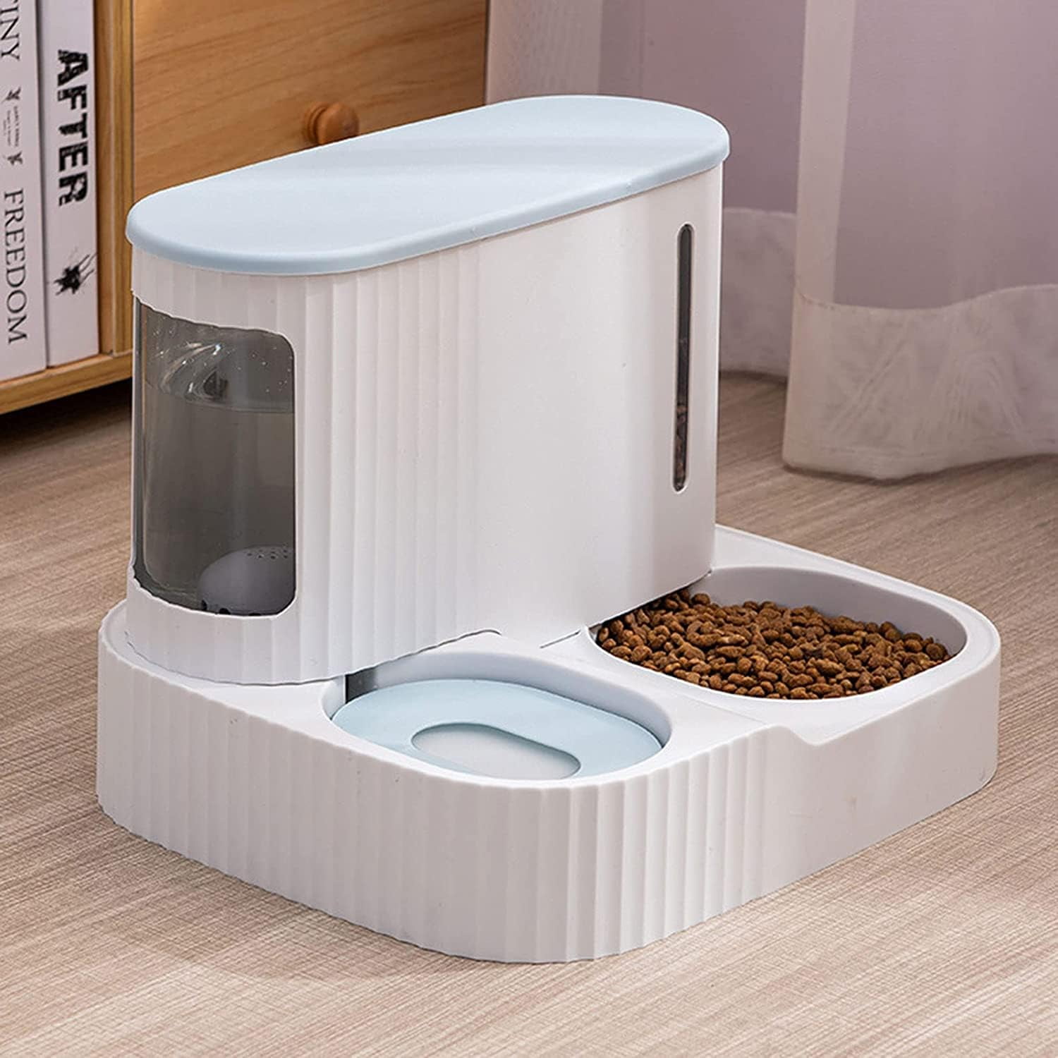Water Dispenser Pet Dog Cat Automatic Feeder Bowl 2 in 1 Cat Unplugged Water and Food Feeder Dispenser Automatic Dog Cats Water and Food Dispenser cat Fountain (Blue)