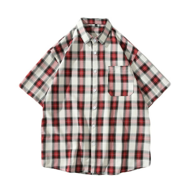 Mens Manga Corta Botón Abajo Camisas Cuadrado Gira-Abajo Cuello Casual Blusa, Camisas de Hombre Casual