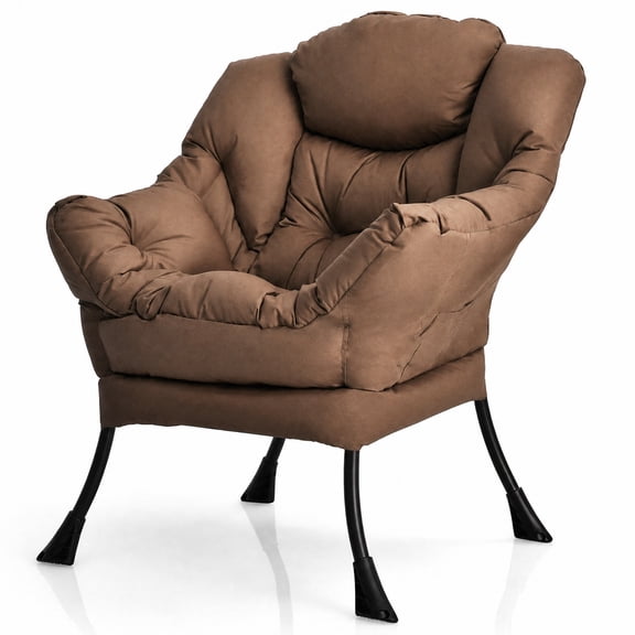 Furnibear Modern Polyester Fabric Lazy Chair with Deep Seat Curved Armrests Side Pocket and Rust-Resistant Steel Frame for Living Room, Brown