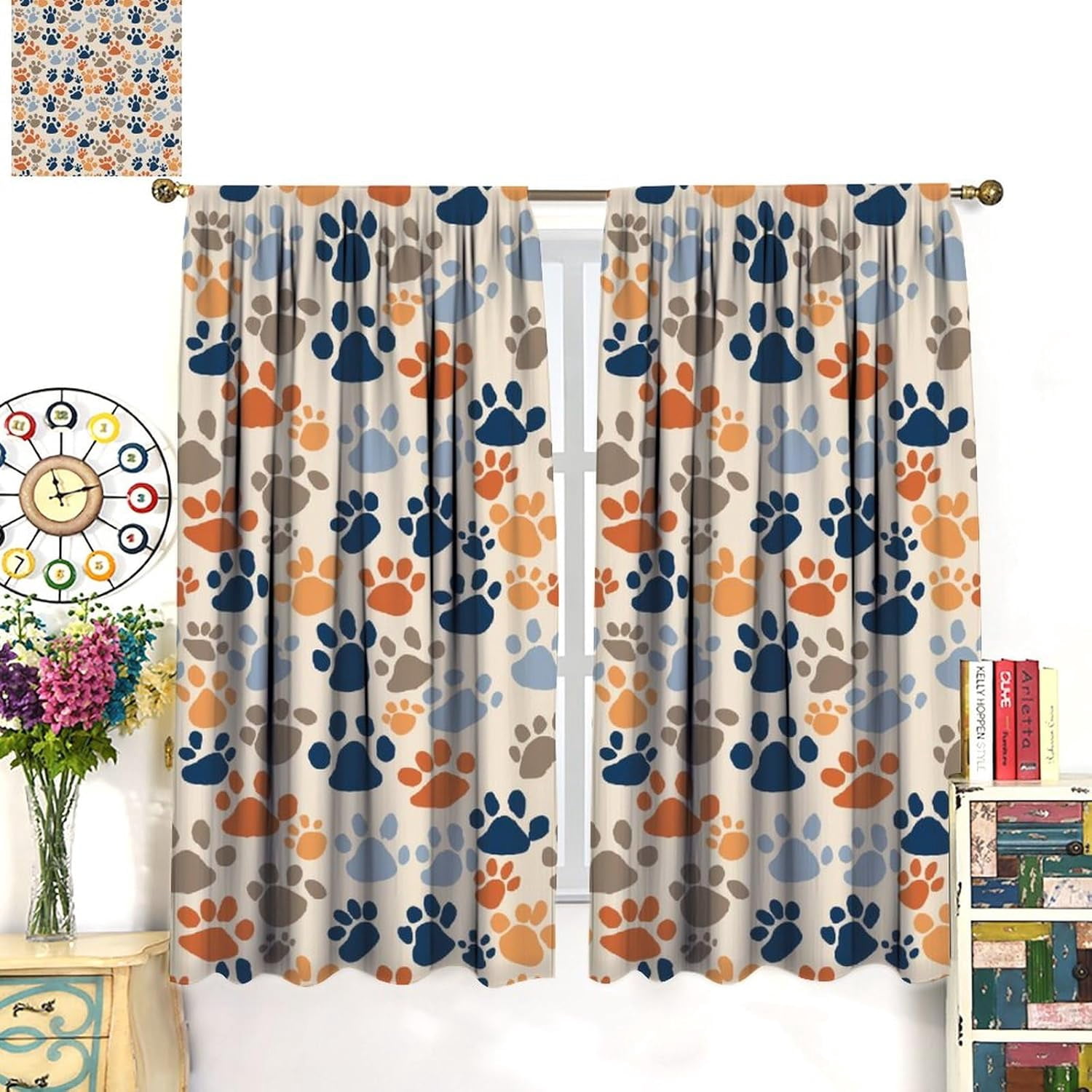 Dog Paw Print Curtains Colorful Cartoon Bohemia Dog Paw Print Rod Pocket Blackout Window Treatment for Kids Girls Bedroom Children''s Room Kitchen Home Decor Art Printed Window Drapes 52x84in