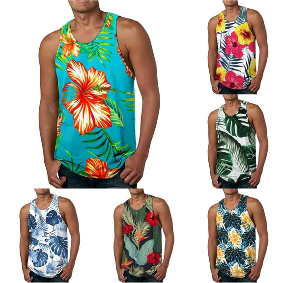 XIAONU Men Floral Print Tank Top Crew Neck Sleeveless Beach Shirt