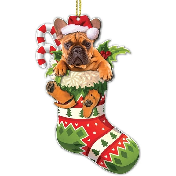French Bulldog Acrylic Christmas Ornament – Frenchie Puppy in Stocking with Santa Hat – 2025 Tree Hanging