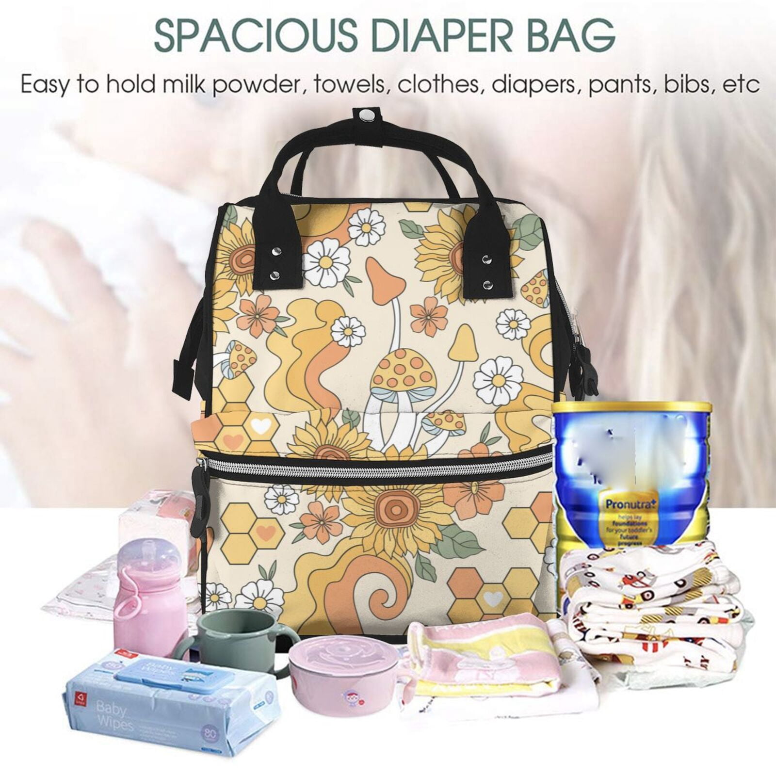 Xecao Groovy Hippie Flower Mushrooms print Large Capacity Nappy Bag is a multi-functional waterproof travel backpack, perfect as a nursing bag or mummy backpack for women