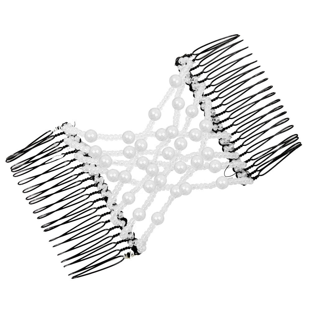 Women Bead Stretchy Hair Combs Double Magic Slide Metal Comb Clip Hairpins