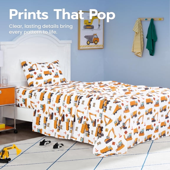 Joyfy Twin Size Construction Vehicle Sheet Set for Boys – 3Pcs Soft Microfiber Kids Bed Sheets, Deep Pocket Fitted Sheet & Pillowcases, Wrinkle Fade Resistant Breathable Toddler Bedding