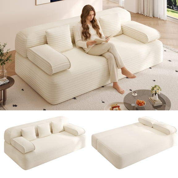 LLappuil Futon Sofa Bed, 79" Loveseat Sofa Convertible Sofa Bed Queen Size, Corduroy Sofa Couch for Living Room Beige
