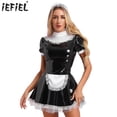 thumbnail image 2 of Vestido de sirvienta de charol para mujer, uniforme acampanado para cosplay, con diadema de encaje, delantal de encaje con volantes, vestido de corte A con mangas abullonadas, 2 of 5