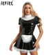 thumbnail image 2 of Vestido de sirvienta de charol para mujer, uniforme acampanado para cosplay, con diadema de encaje, delantal de encaje con volantes, vestido de corte A con mangas abullonadas, 2 of 5