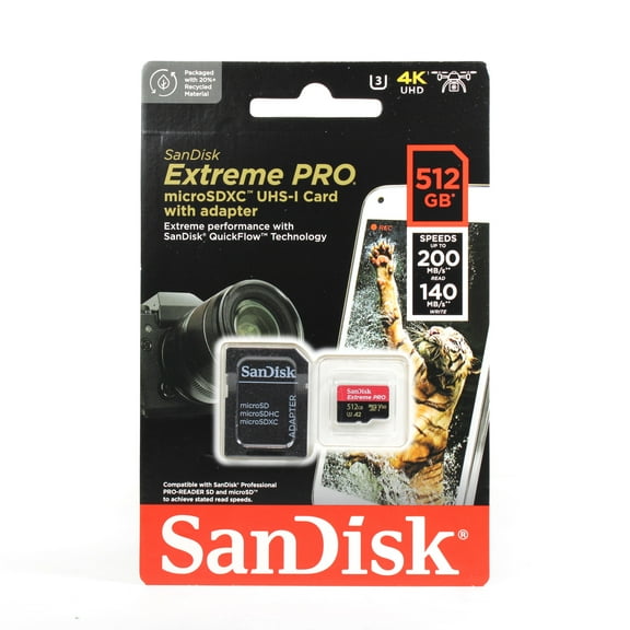 SanDisk 512GB Extreme Pro 200MB/s Read and 140MB/s Write microSD UHS-I Card Pair