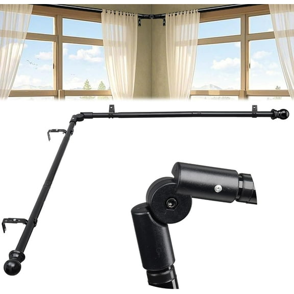 Corner Window Curtain Rods, L Shape Heavy Duty Curved Curtain Rods for Curtain Windows with Brackets, 30-136" Adjustable Curtain Rods for Bedroom, Living Room, Dinging Room, Black