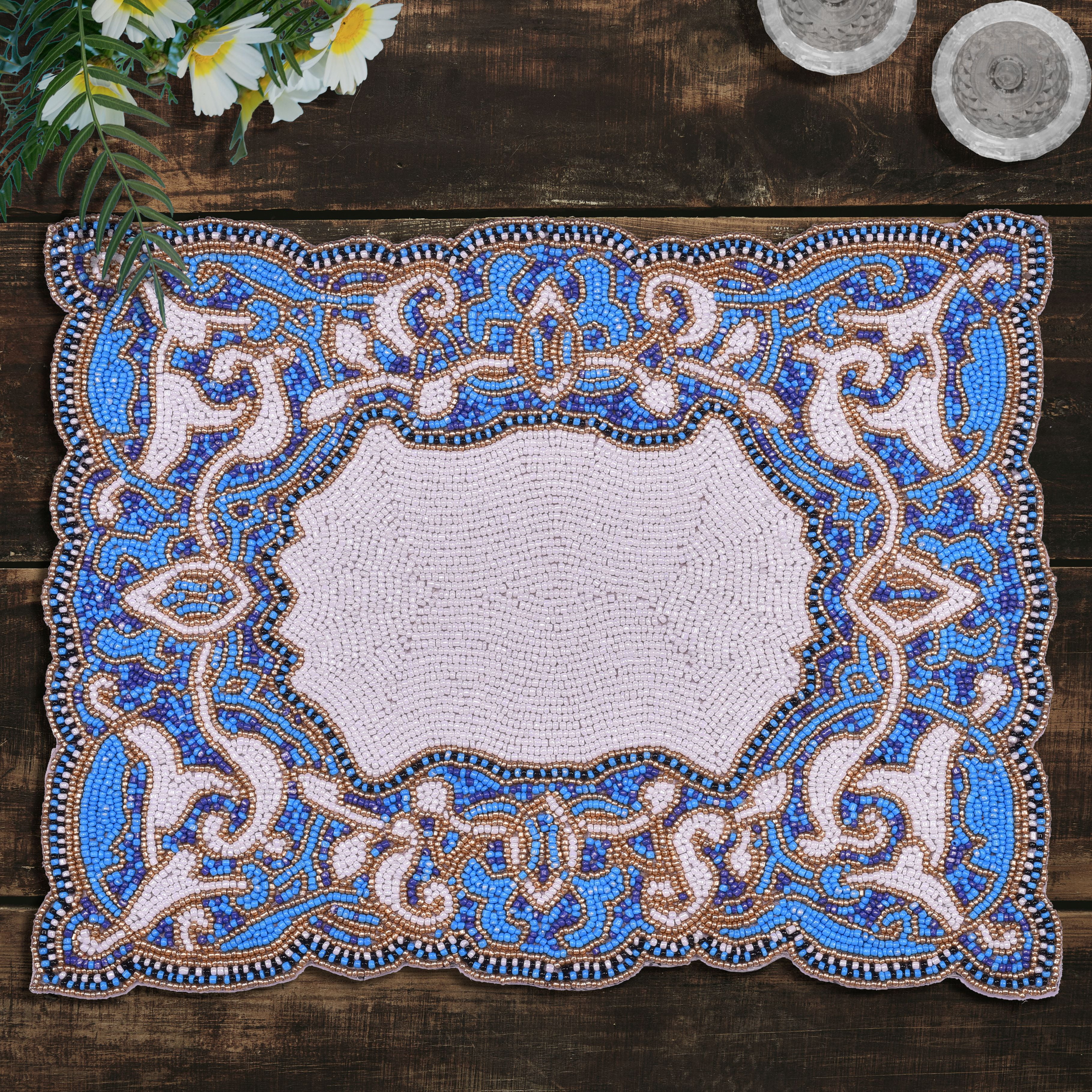 Blue White Beaded Placemats for Fall Autumn Thanksgiving Dining Table Scratch Heat Resistant Charger Mats Kitchen Decor Set of 6