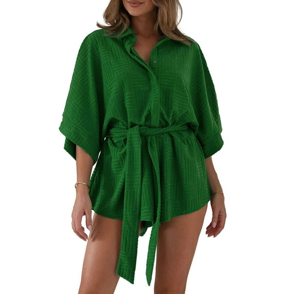 Biekopu Women Summer Shorts Jumpsuit,Solid Color Buttons Baggy 3/4 Sleeve Playsuit Casual Rompers Clubwear