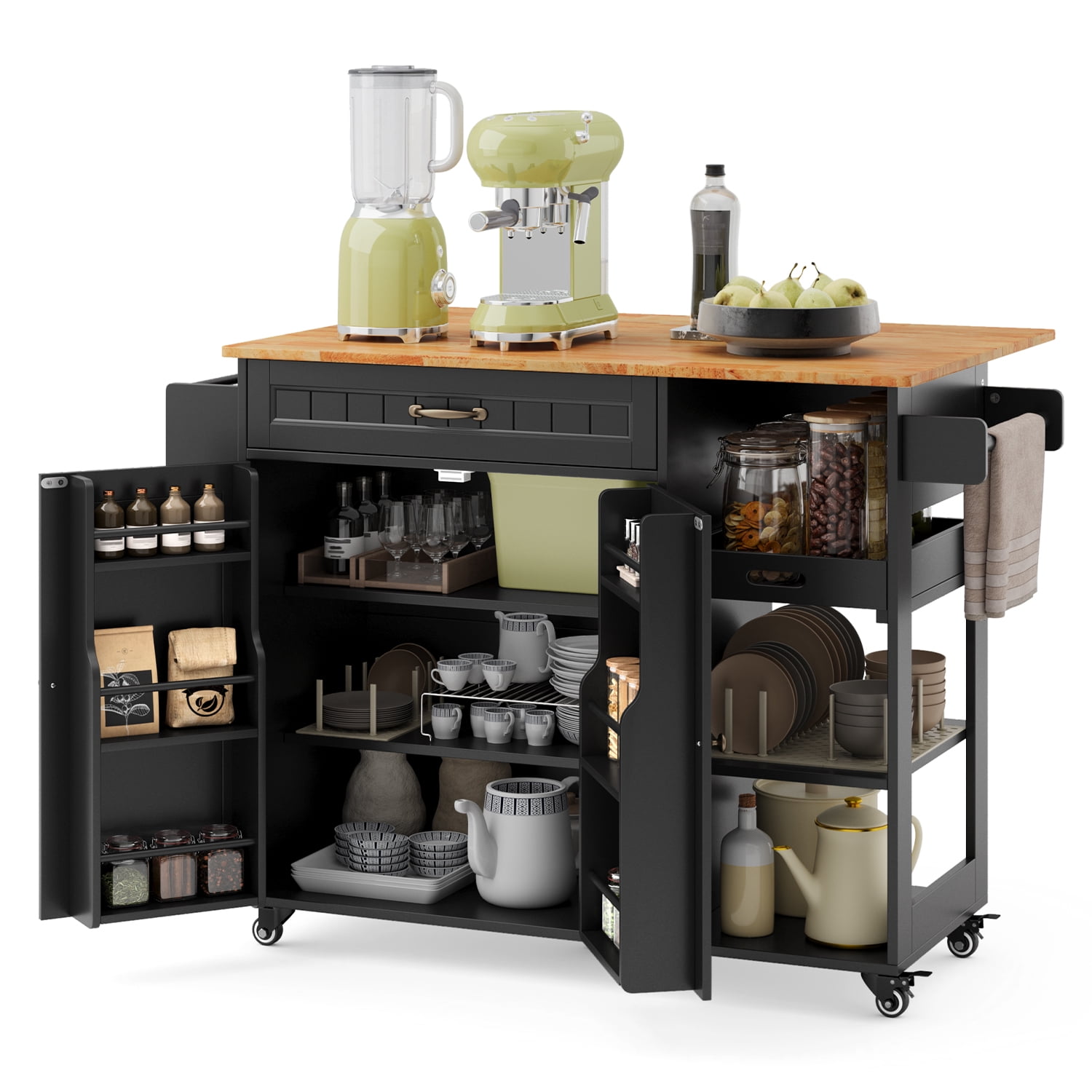 Kitchen Island with Storage, Lofka 41.7” Kitchen Island Cart with Drop Leaf, 1 Removable Tray, 2 Shelves, 1 Cabinet, Black