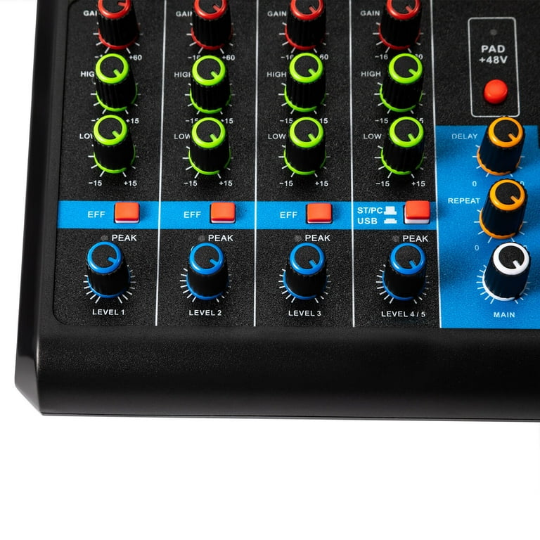 Mini 5-kanaals stereo sound mengconsole, mengconsole met USB Bluetooth en 48V Phantom Power, DJ Live Audio Mixer met Hall-effect voor karaoke stage, thuis-tv, opnamestudio's, live streaming