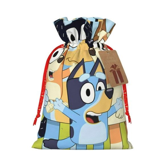 Masiiu Bluey Print Christmas Gift Bag, Burlap Drawstring Pouch with Kraft Paper Card for Holiday, Party, and Birthday Wrapping-Small