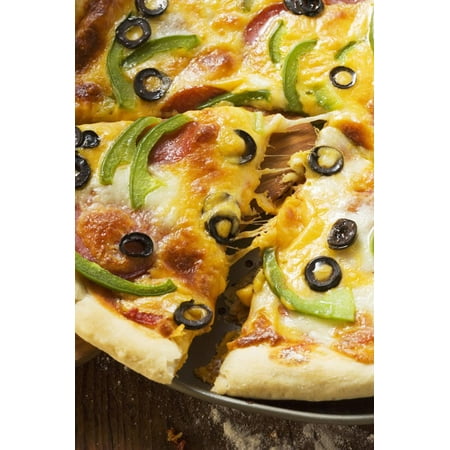 Pizza with Cheese, Salami, Peppers and Olives, a Piece Cut Print Wall Art By