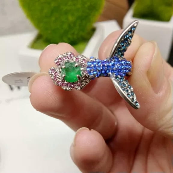 GKNET Fashion Silver Green&Blue&Pink Zircon Hummingbird Delicate Jewelry Wedding Ring Size 6-10-6