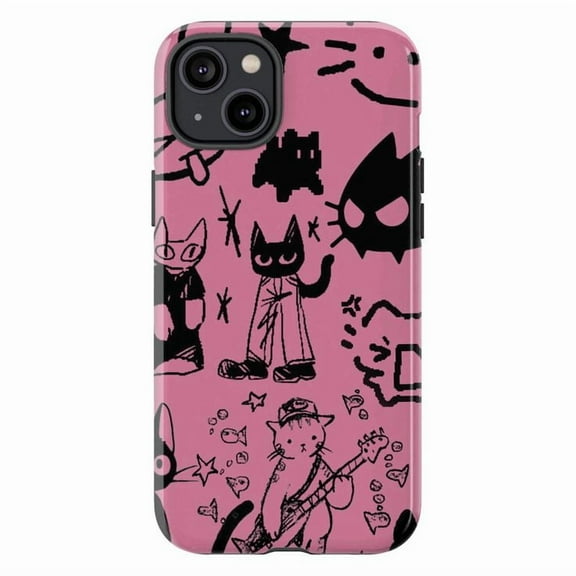 Pink Cat Doodle Phone Case for iPhone – Grunge Cartoon Kitty Art Cover, Aesthetic Y2K Alt Style Case Compatible with iPhone 16 15 14 13 12 11 Pro Max